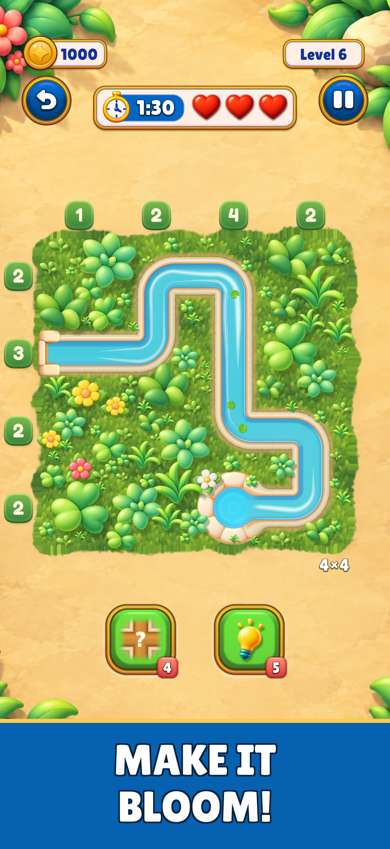 Complete the path to fill the canal with water and make the garden bloom